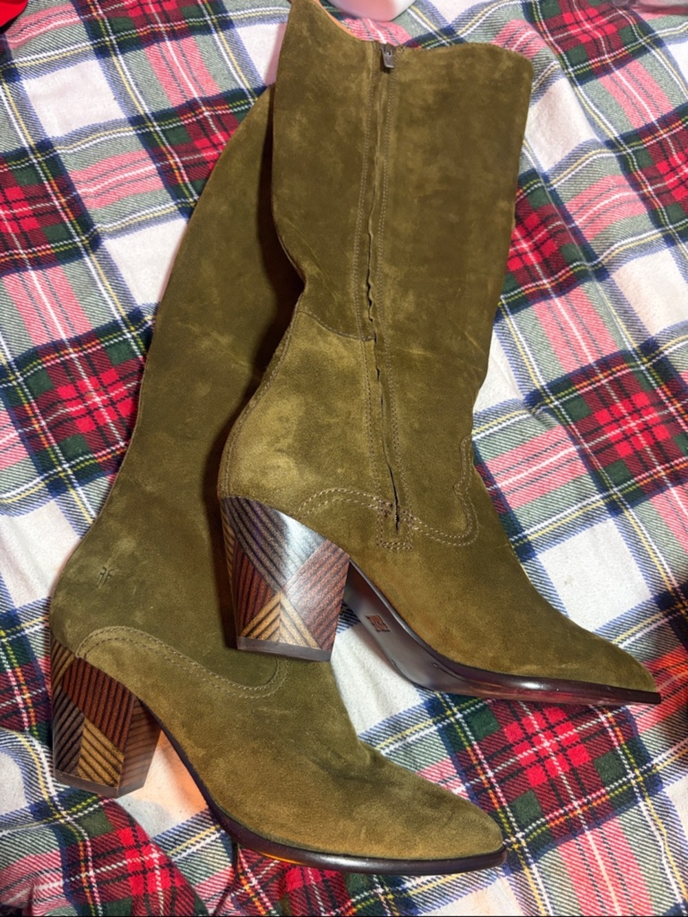 NEW $398 FRYE Anthropologie Women's Olive Suede Mid-Calf Block Heel Boot